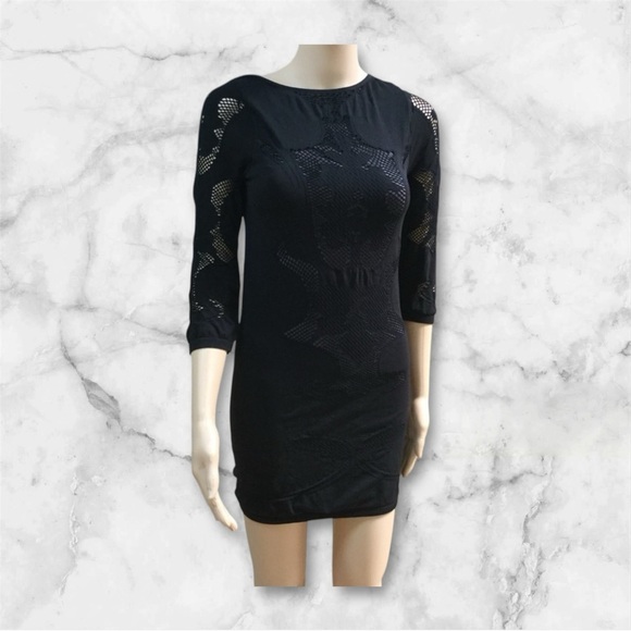 Free People Placed Cutwork Slip Black 3/4 Sleeve Bodycon Dress - Picture 9 of 9